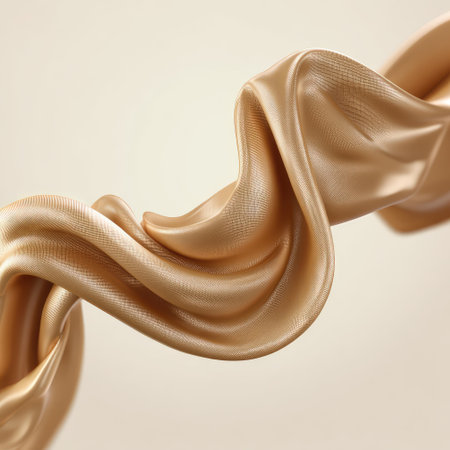 Soft gold satin fabric elegantly drapes against a beige backdrop, capturing luxurious textures and gentle light, ideal for fashion and interior design projects.の素材