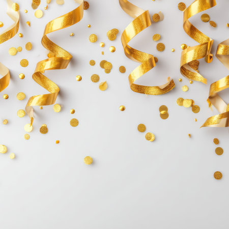 A stunning arrangement of gold confetti and ribbons on a smooth white surface that captures the essence of celebration, perfect for various festive occasions and decorative uses.の素材