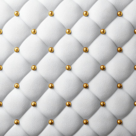 A stunning close-up of a white leather texture accented with golden studs, showcasing a luxurious and modern quilted pattern perfect for elegant designs and fashion aesthetics.の素材