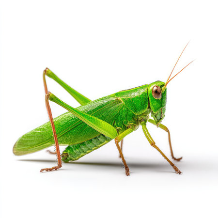 A high-definition close-up of a vibrant green grasshopper, highlighting its intricate details and textures against a clean white background, ideal for nature and biology themes.の素材