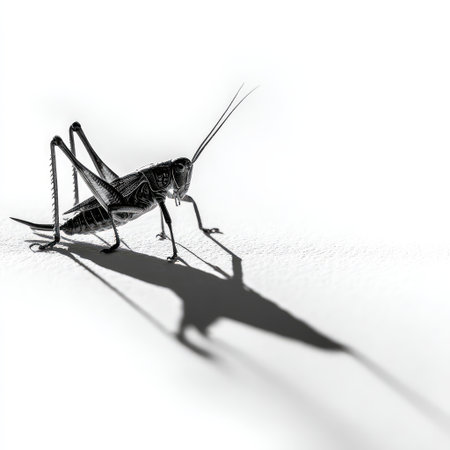 A striking close-up of a grasshopper showcasing intricate details against a white background. The interplay of light and shadow enhances its elegant form and highlights nature's beauty.の素材