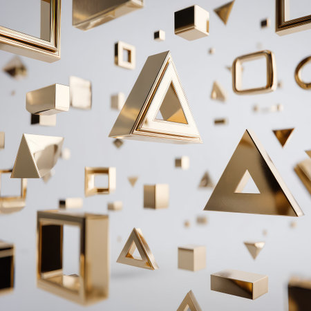 A captivating display of gold geometric shapes, including triangles and rectangles, suspended in a minimalist space, ideal for artistic and modern design applications.の素材