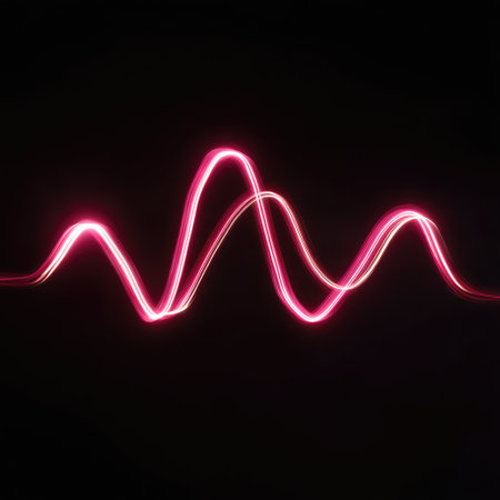 A stunning abstract image featuring glowing neon light waves on a dark background, conveying a sense of motion and energy suited for creative projects and modern aesthetics.の素材