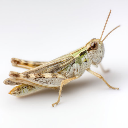 This macro image captures a grasshopper in stunning detail, showcasing its unique textures and structures, perfect for educational and wildlife-related projects.の素材