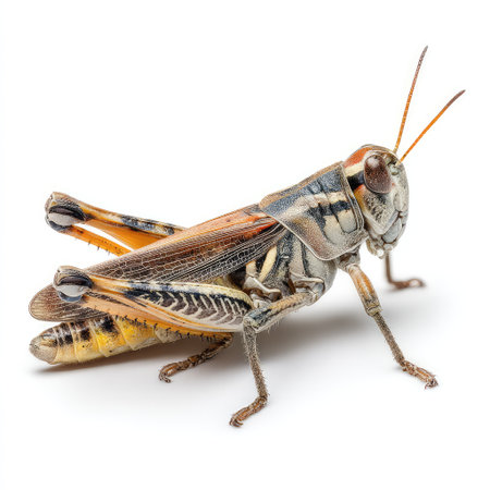 This macro image captures a stunning grasshopper with vibrant colors and intricate details, highlighting the beauty and diversity of insect life in nature.の素材