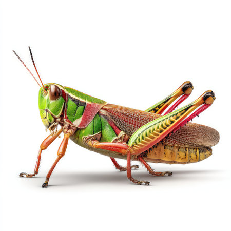 Stunning close-up of a colorful grasshopper showcasing its vivid colors and intricate details, perfect for nature lovers and scientific exploration in wildlife photography.の素材