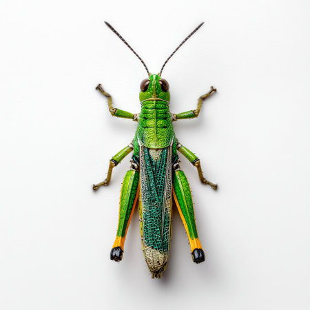 This macro image captures the striking details of a green grasshopper resting against a white background, perfect for educational and artistic projects on nature and wildlife.の素材