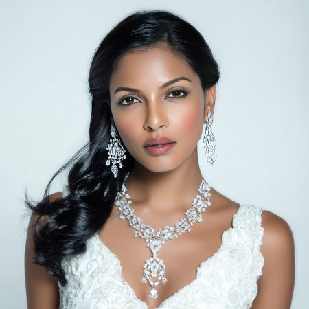 An exquisite portrait featuring a young woman adorned with elegant jewelry, showcasing her beauty and confidence against a soft white background, creating a serene and captivating atmosphere.の素材