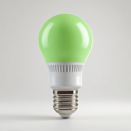 A bright green LED light bulb stands prominently on a reflective surface, symbolizing energy efficiency and modern home decor solutions for sustainable living.の素材