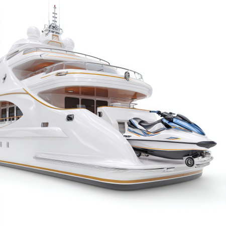 Stunning luxury yacht parked at a marina with a sleek jet ski, perfect for those seeking adventure and relaxation on the open waters during a summer escape.の素材