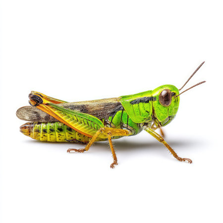 Detailed close-up image of a bright green grasshopper showcasing its intricate features and textures, perfect for nature enthusiasts and educational purposes.の素材