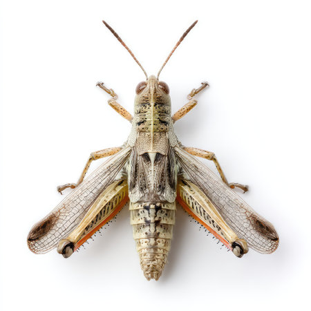 Detailed close-up of a grasshopper on a white background highlighting its anatomy and vibrant colors, ideal for educational materials and scientific research purposes.の素材