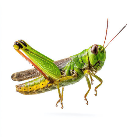 A stunning macro image of a green grasshopper captured in flight, highlighting its vivid colors and intricate anatomical features, perfect for nature and wildlife themes.の素材