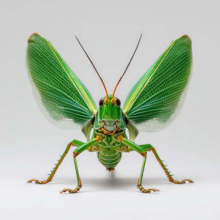 A striking close-up image of a green grasshopper, highlighting its intricate wings and antennae, showcasing nature's detail and beauty against a soft background.の素材