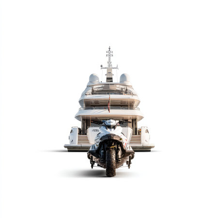 Stunning image showcasing a luxury yacht accompanied by a sleek jet ski, emphasizing the essence of adventure and leisure in a picturesque maritime environment.の素材