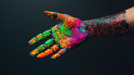 A stunning hand adorned with vibrant neon paints and intricate circuit patterns showcases the fusion of technology and artistry against a dark backdrop, offering a captivating visual experience.の素材