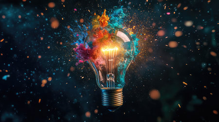 A stunning light bulb bursts with vibrant colors against a dark cosmic backdrop, showcasing an artistic representation of creativity, imagination, and energy in visual form.の素材