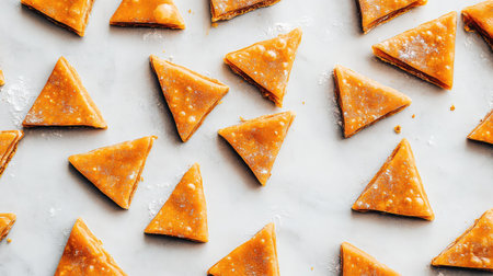 A clean, minimalistic shot of caramel-flavored crisps arranged in a casual pattern on a white surface with ample space for brandingの素材