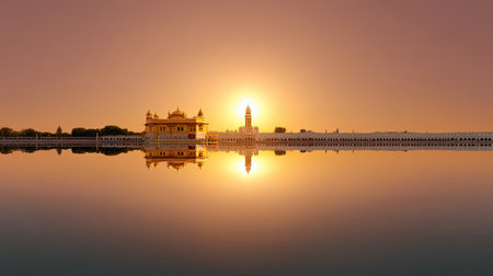 A breathtaking view of a historic temple during sunset, featuring stunning reflections in the calm water. The vibrant orange sky enhances the serene atmosphere.の素材