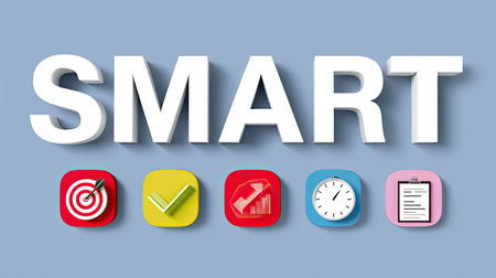 This image showcases colorful icons symbolizing SMART goals, emphasizing clarity and focus in personal and professional development strategies. Perfect for educational content.の素材