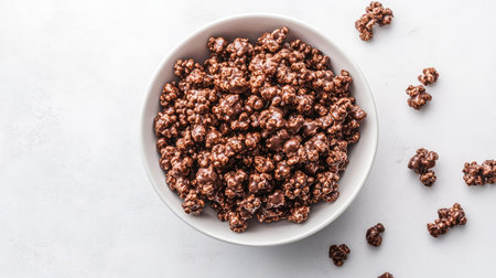 A bowl of chocolate-coated popcorn scattered across a white surface, surrounded by plenty of room for marketing or copyの素材