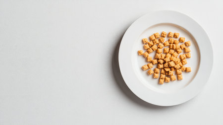 A clean, minimalistic shot of caramel snack mix arranged on a white plate, with plenty of space on the left for textの素材