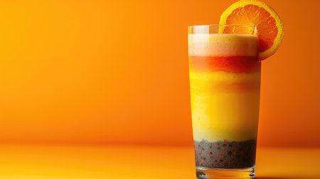 A cheerful, fresh tropical smoothie with layers of vibrant colors, with space around it for text or product informationの素材