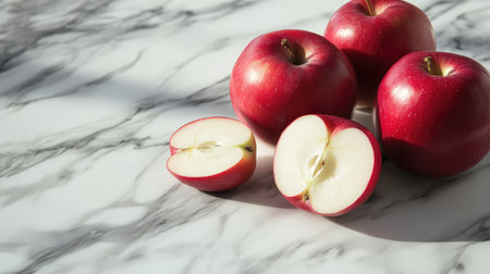 Clean layout of sliced and whole fruits on a marble top with lighting from the side and space leftの素材