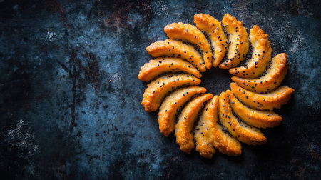 Crispy baked crackers with seeds arranged in spiral pattern, with empty spaceの素材