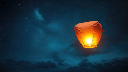 A single glowing lantern floating in the night sky, representing hope and wishes, with ample space for branding or product detailsの素材