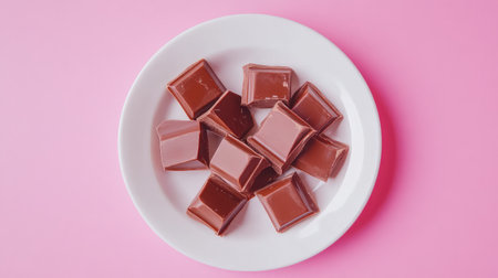 A handful of chocolate chunks placed neatly on a white plate, surrounded by plenty of open space for marketing or copyの素材