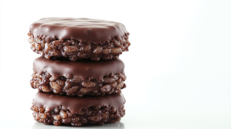 A neat stack of chocolate-covered rice cakes placed on a clean white background, leaving space for product text or brandingの素材