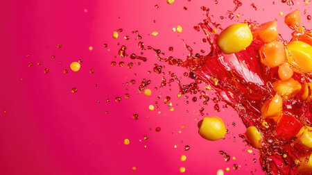 Colorful fruit pieces and juice splashes on a bold background with clear space at the topの素材