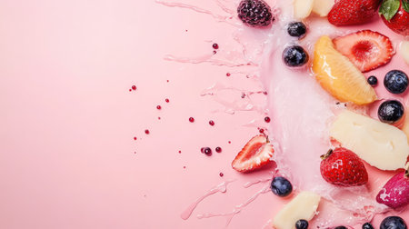 Colorful fruit pieces and juice splashes on a bold background with clear space at the topの素材