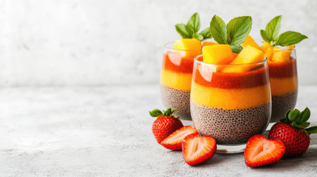 Layered chia pudding with mango puree and strawberries in glass cups with copy spaceの素材