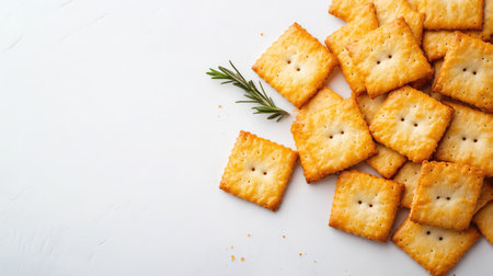 Pile of fresh baked crackers placed on a light background, with room for branding textの素材