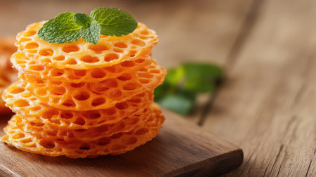 Golden cheese crisps with holes stacked on a serving board with copy spaceの素材