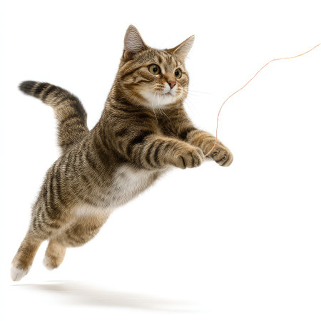 A lively tabby cat leaps into the air, showcasing its playful nature while trying to catch a string toy, illustrating the joy and excitement of pet playtime.の素材