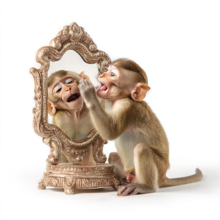 A charming baby monkey interacts with its reflection in an ornate mirror, showcasing a delightful display of joy, curiosity, and self-discovery in an engaging scene.の素材