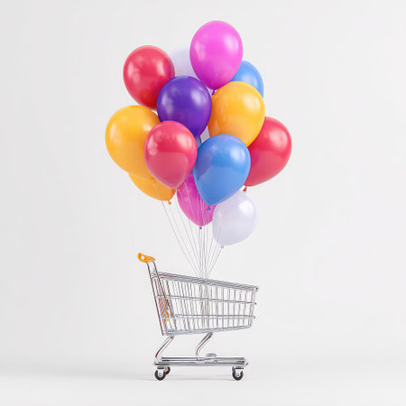 A vibrant collection of balloons in various colors floats above a shopping cart, showcasing a festive theme perfect for parties, celebrations, and joyful events.の素材