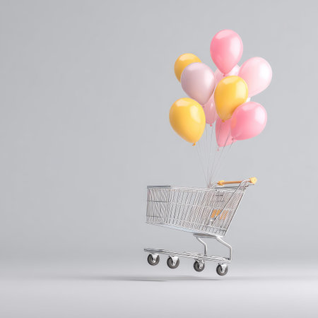 A silver shopping cart carrying an assortment of colorful balloons evokes a sense of celebration and joy, ideal for themes in marketing and retail.の素材