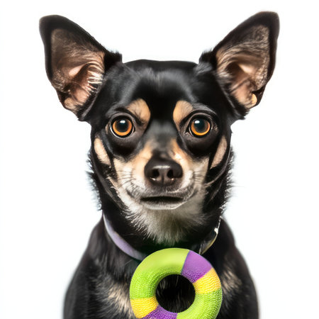A charming black and tan dog with bright eyes and a playful demeanor, wearing a colorful toy around its neck, showcasing the joy of pet companionship and love.の素材