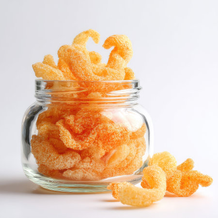 A glass jar filled with vibrant orange crispy snacks, perfect for sharing or enjoying alone. This appetizing treat adds color to any occasion and satisfies cravings.の素材