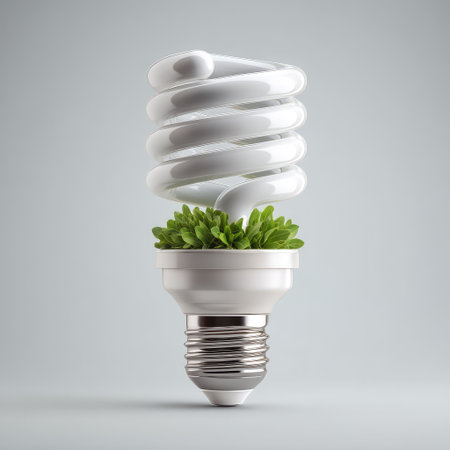 A creative depiction of an energy-saving light bulb featuring a lush green plant, symbolizing eco-friendly innovation and sustainable living for modern interiors.の素材