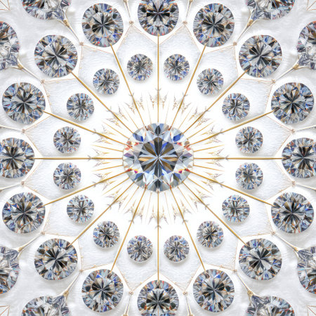 This image showcases an intricate arrangement of faceted diamonds, capturing light in a stunning display on a soft white background, evoking luxury and elegance.の素材