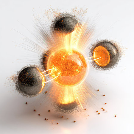 Captivating image of atomic fission illustrates the powerful energy release during nuclear reactions, perfect for educational and scientific contexts.の素材