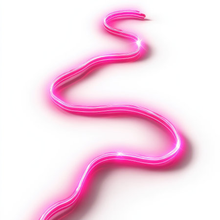 This artwork features a vivid and bright pink neon light shaped like a snake, emitting a soft glow against a clean white backdrop, perfect for modern design projects.の素材