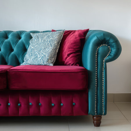 A stylish teal sofa adorned with burgundy cushions adds a touch of elegance to any modern living space, making it perfect for relaxation and interior decoration.の素材
