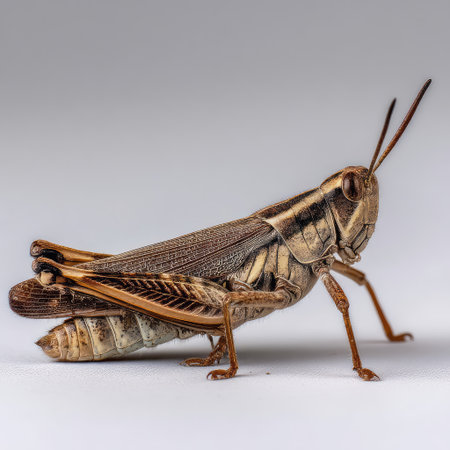 This macro photograph showcases a grasshopper, focusing on its detailed structure and textures, ideal for educational and nature-related content featuring insects.の素材