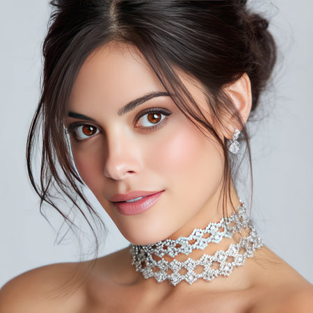 Close-up portrait of a young woman showcasing her beauty with elegant jewelry, natural makeup, and a warm smile, captured in a softly lit environment.の素材